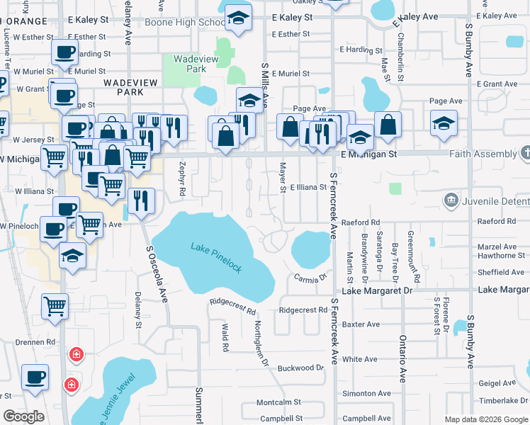 map of restaurants, bars, coffee shops, grocery stores, and more near 1040 East Michigan Street in Orlando