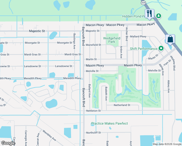 map of restaurants, bars, coffee shops, grocery stores, and more near 20204 Melville Street in Orlando