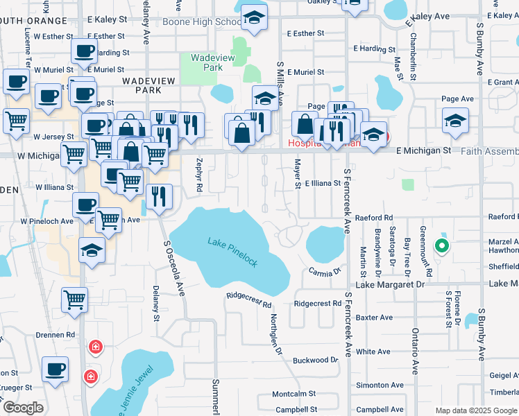 map of restaurants, bars, coffee shops, grocery stores, and more near 2812 Keystone Drive in Orlando