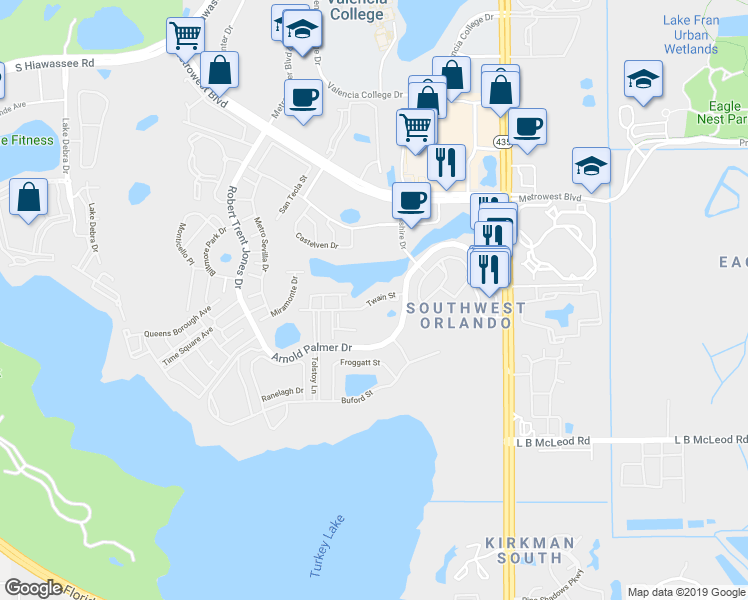 map of restaurants, bars, coffee shops, grocery stores, and more near 6105 Twain Street in Orlando