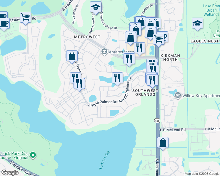 map of restaurants, bars, coffee shops, grocery stores, and more near 6235 Goethe Street in Orlando