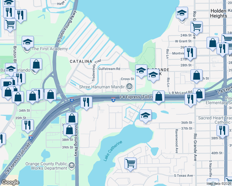 map of restaurants, bars, coffee shops, grocery stores, and more near 2787 L B McLeod Road in Orlando