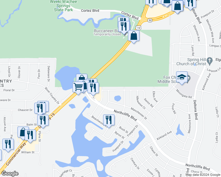 map of restaurants, bars, coffee shops, grocery stores, and more near 8493 Swiss Road in Spring Hill