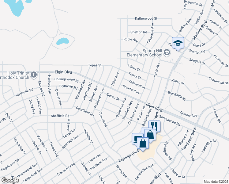 map of restaurants, bars, coffee shops, grocery stores, and more near 5331 Pierpoint Avenue in Spring Hill