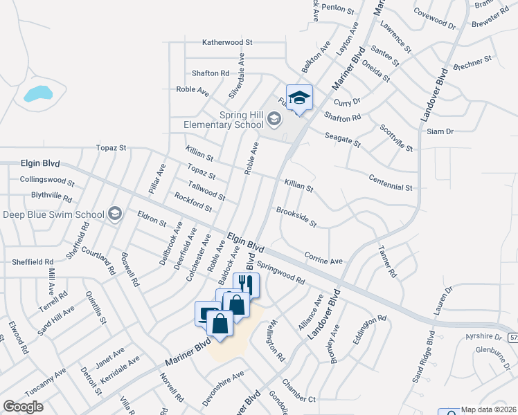 map of restaurants, bars, coffee shops, grocery stores, and more near 5400 Baldock Avenue in Spring Hill