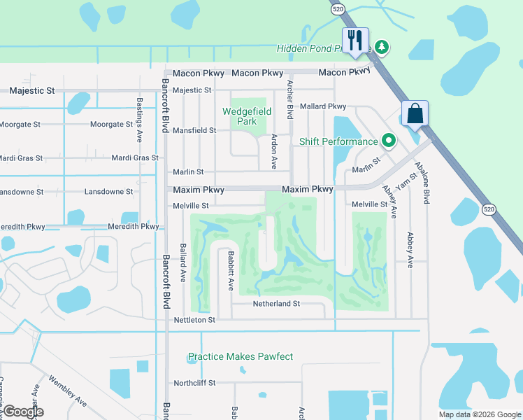 map of restaurants, bars, coffee shops, grocery stores, and more near 20421 Melville Street in Orlando