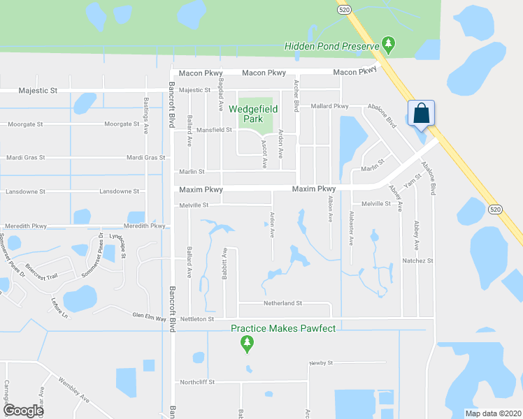 map of restaurants, bars, coffee shops, grocery stores, and more near 20432 Melville Street in Orlando