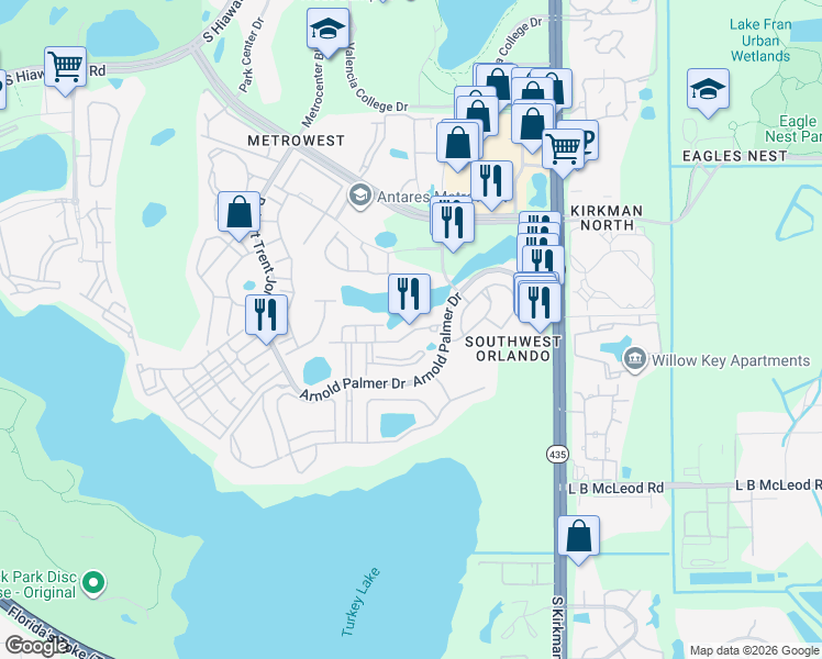 map of restaurants, bars, coffee shops, grocery stores, and more near 6105 Twain Street in Orlando