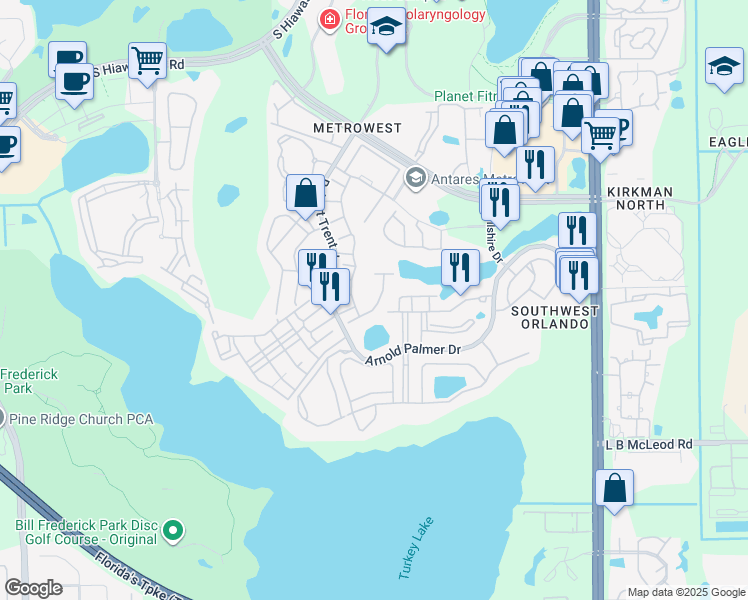 map of restaurants, bars, coffee shops, grocery stores, and more near 6301 Miramonte Drive in Orlando