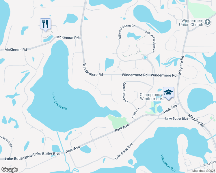 map of restaurants, bars, coffee shops, grocery stores, and more near 2600 Crescent Lake Court in Windermere