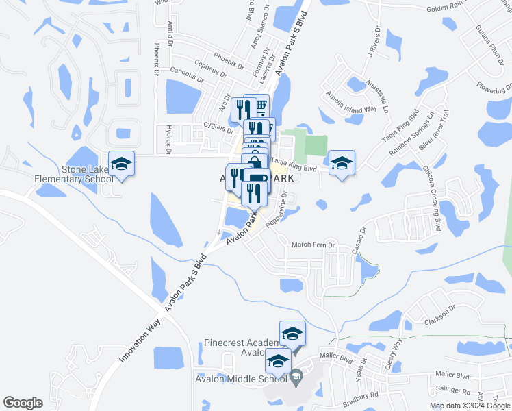 map of restaurants, bars, coffee shops, grocery stores, and more near 3742 Avalon Park East Boulevard in Orlando
