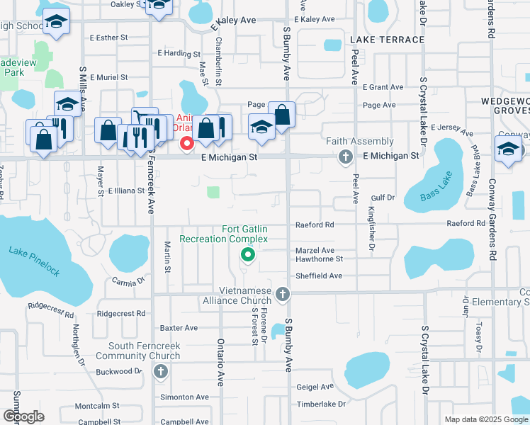 map of restaurants, bars, coffee shops, grocery stores, and more near 2800 South Bumby Avenue in Orlando