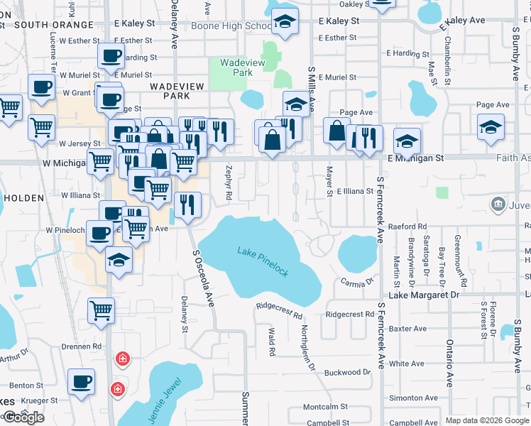 map of restaurants, bars, coffee shops, grocery stores, and more near 772 East Michigan Street in Orlando