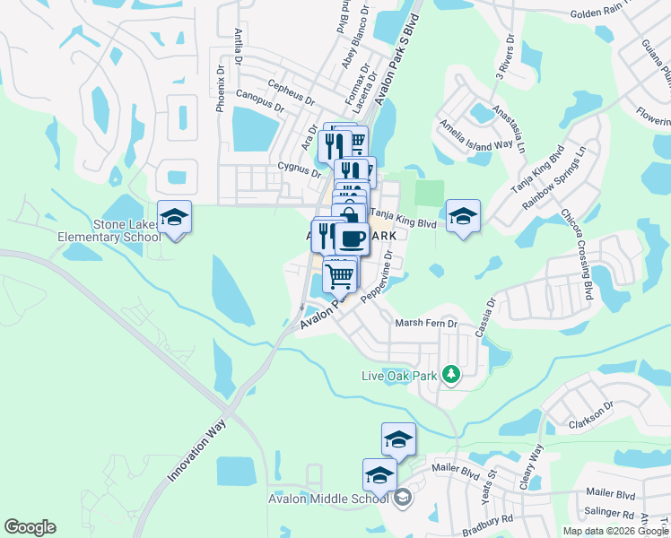 map of restaurants, bars, coffee shops, grocery stores, and more near 12001 Avalon Lake Drive in Orlando