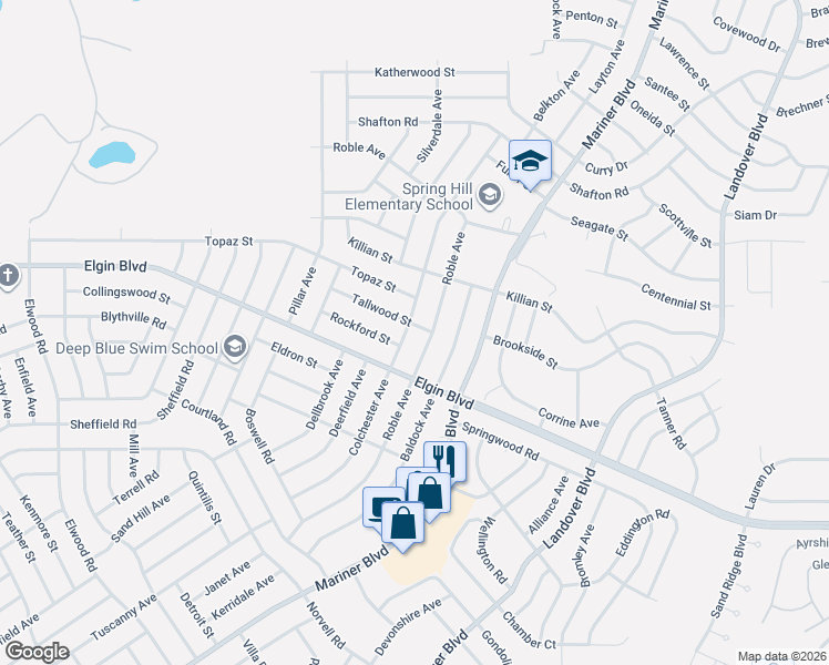 map of restaurants, bars, coffee shops, grocery stores, and more near 12209 Tallwood Street in Spring Hill
