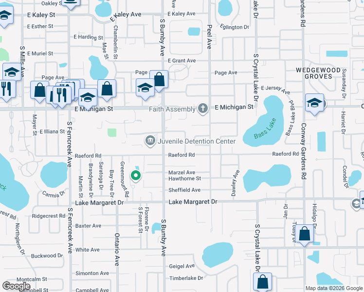 map of restaurants, bars, coffee shops, grocery stores, and more near 2955 Clark Street in Orlando