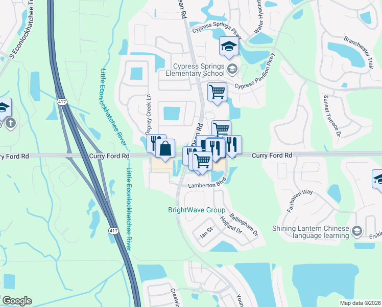 map of restaurants, bars, coffee shops, grocery stores, and more near Curry Ford Rd & Young Pine Rd in Orlando