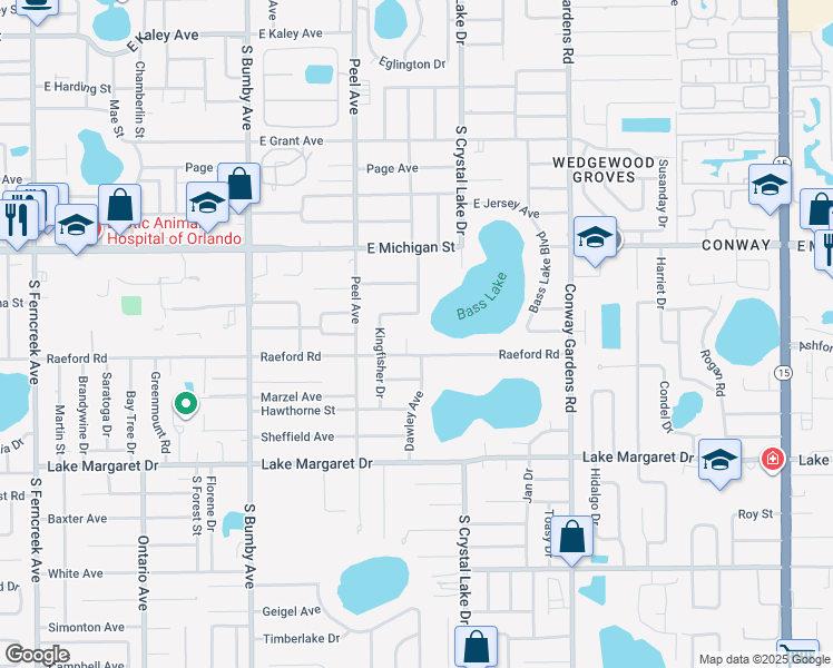 map of restaurants, bars, coffee shops, grocery stores, and more near 2705 Raeford Court in Orlando