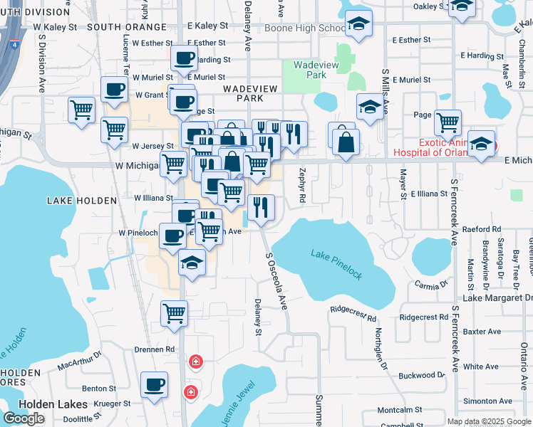 map of restaurants, bars, coffee shops, grocery stores, and more near 2880 South Osceola Avenue in Orlando