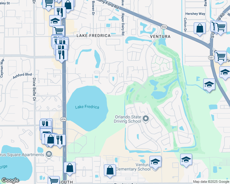 map of restaurants, bars, coffee shops, grocery stores, and more near 3235 Candle Ridge Drive in Orlando