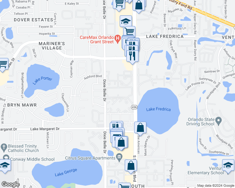 map of restaurants, bars, coffee shops, grocery stores, and more near 3244 South Semoran Boulevard in Orlando
