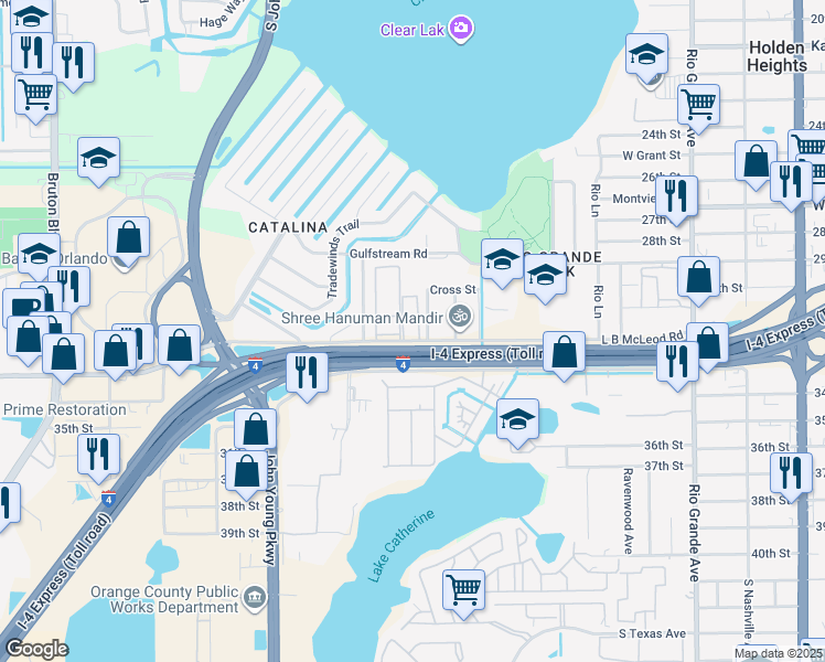 map of restaurants, bars, coffee shops, grocery stores, and more near 2787 L B McLeod Road in Orlando