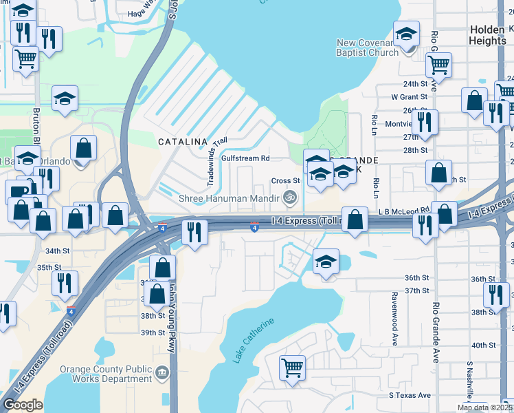 map of restaurants, bars, coffee shops, grocery stores, and more near 2787 L B McLeod Road in Orlando
