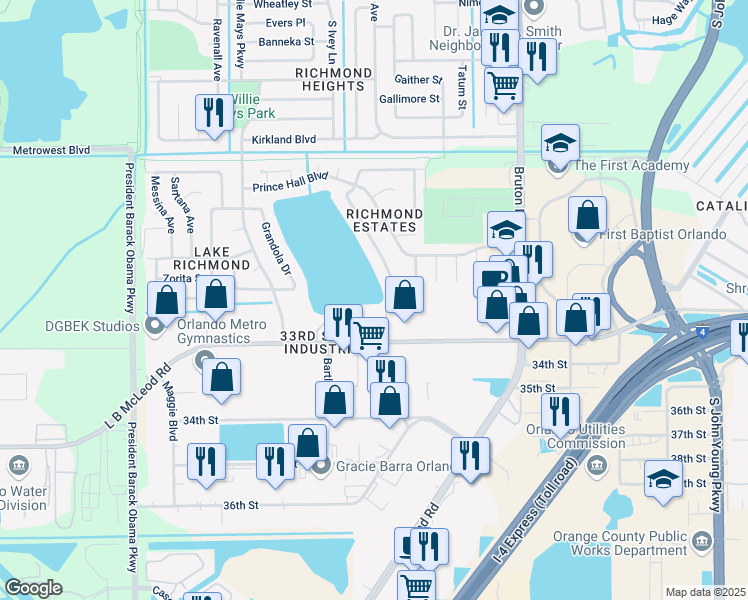 map of restaurants, bars, coffee shops, grocery stores, and more near 4353 Crossroads Court in Orlando