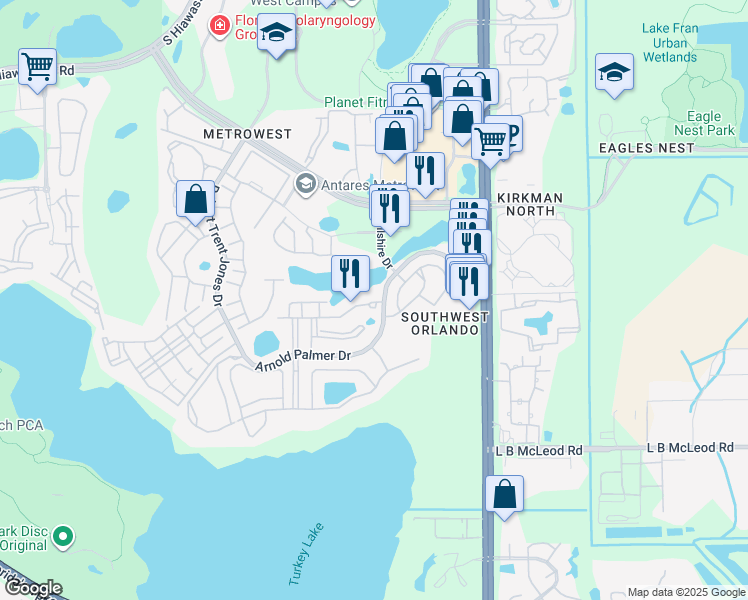 map of restaurants, bars, coffee shops, grocery stores, and more near 6051 Strada Isle Way in Orlando