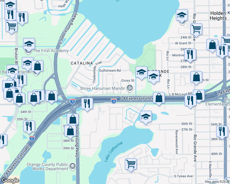map of restaurants, bars, coffee shops, grocery stores, and more near 2787 L B McLeod Road in Orlando