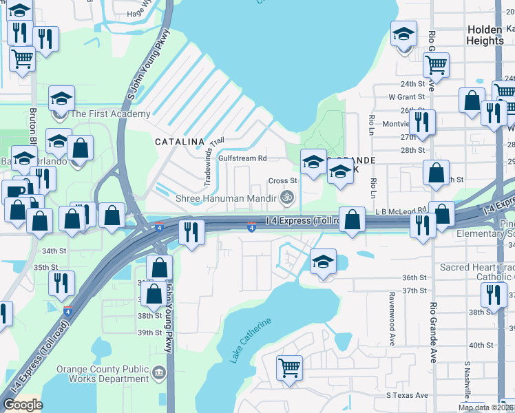 map of restaurants, bars, coffee shops, grocery stores, and more near 2787 L B McLeod Road in Orlando