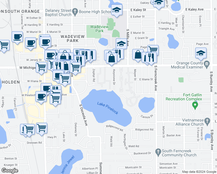 map of restaurants, bars, coffee shops, grocery stores, and more near 792 East Michigan Street in Orlando