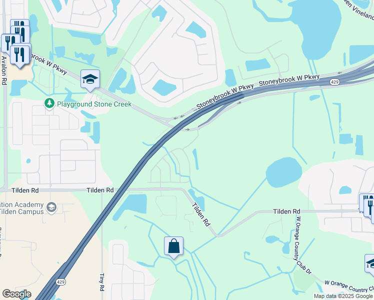 map of restaurants, bars, coffee shops, grocery stores, and more near 1733 Woodlark Way in Winter Garden