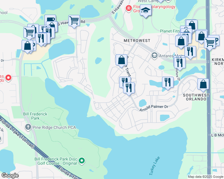 map of restaurants, bars, coffee shops, grocery stores, and more near 3100 Monticello Place in Orlando