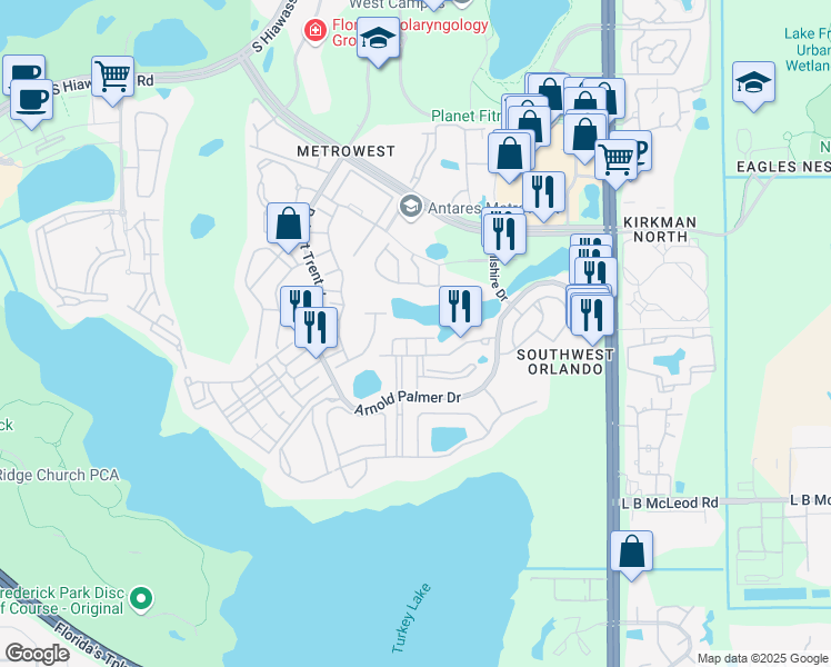 map of restaurants, bars, coffee shops, grocery stores, and more near 6235 Goethe Street in Orlando