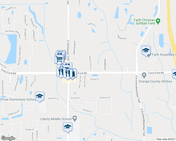 map of restaurants, bars, coffee shops, grocery stores, and more near 8703 Curry Ford Road in Orlando