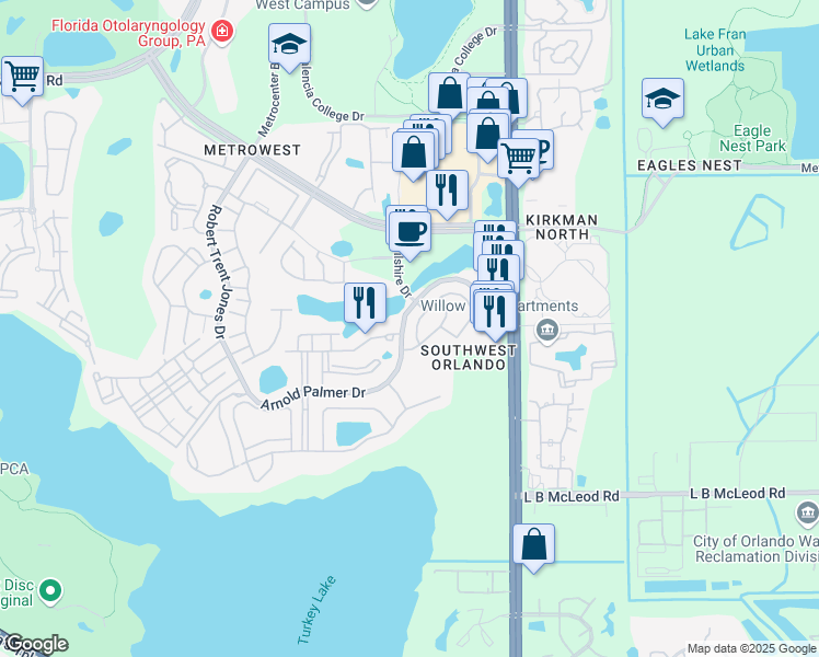 map of restaurants, bars, coffee shops, grocery stores, and more near 6051 Strada Isle Way in Orlando