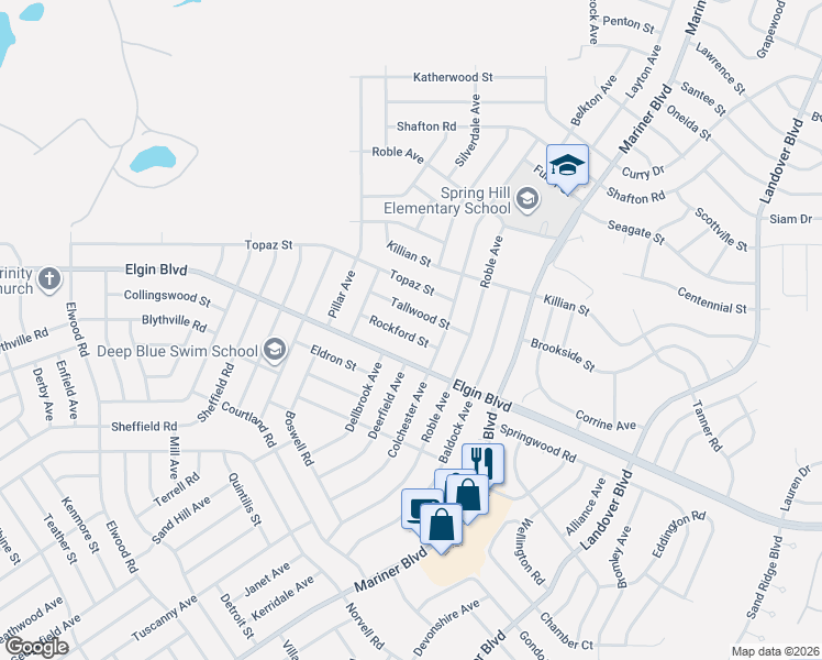 map of restaurants, bars, coffee shops, grocery stores, and more near 12131 Rockford Street in Spring Hill