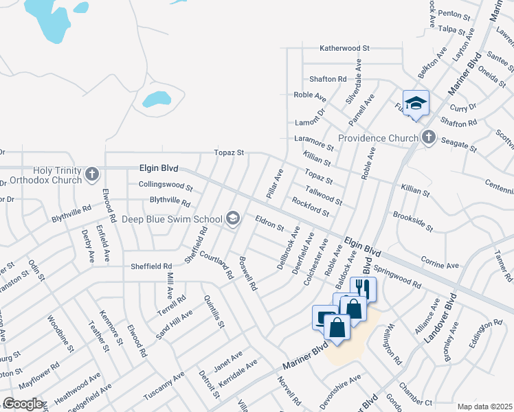 map of restaurants, bars, coffee shops, grocery stores, and more near 12010 Elgin Boulevard in Spring Hill