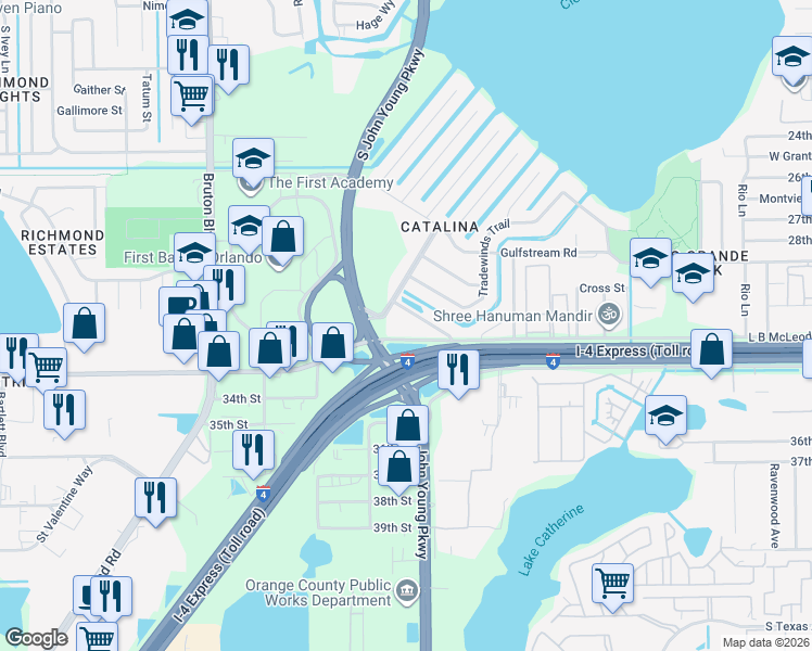 map of restaurants, bars, coffee shops, grocery stores, and more near 3155 South John Young Parkway in Orlando