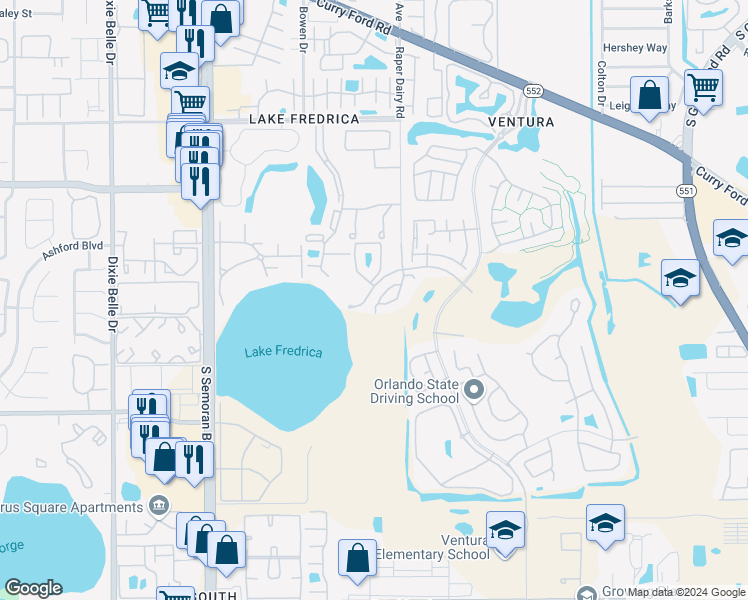 map of restaurants, bars, coffee shops, grocery stores, and more near 3235 Candle Ridge Drive in Orlando