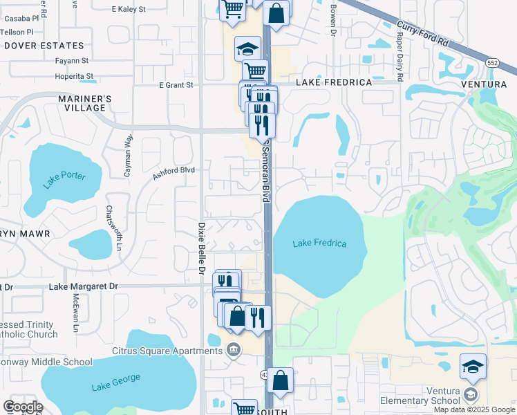 map of restaurants, bars, coffee shops, grocery stores, and more near 3030 South Semoran Boulevard in Orlando