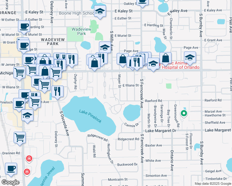 map of restaurants, bars, coffee shops, grocery stores, and more near 2854 Mayer Street in Orlando