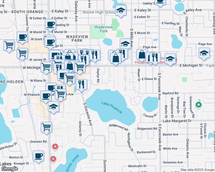 map of restaurants, bars, coffee shops, grocery stores, and more near 772 East Michigan Street in Orlando