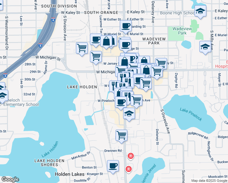 map of restaurants, bars, coffee shops, grocery stores, and more near 54 West Illiana Street in Orlando