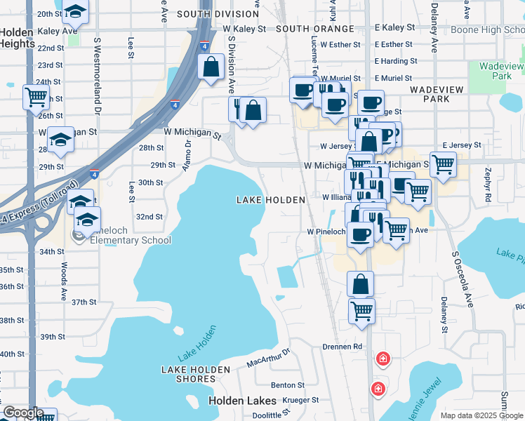map of restaurants, bars, coffee shops, grocery stores, and more near in Orlando