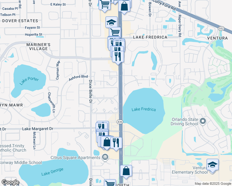 map of restaurants, bars, coffee shops, grocery stores, and more near 3030 South Semoran Boulevard in Orlando