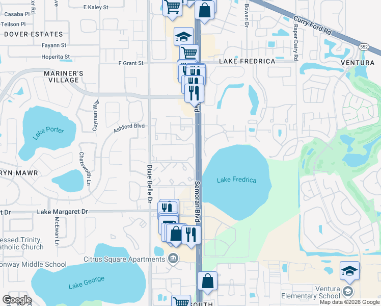 map of restaurants, bars, coffee shops, grocery stores, and more near 3030 South Semoran Boulevard in Orlando
