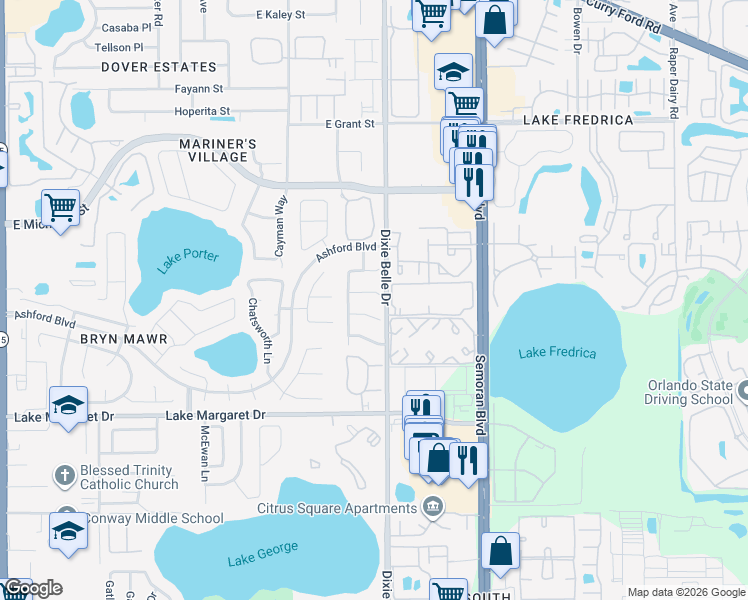 map of restaurants, bars, coffee shops, grocery stores, and more near 5416 Rutland Court in Orlando