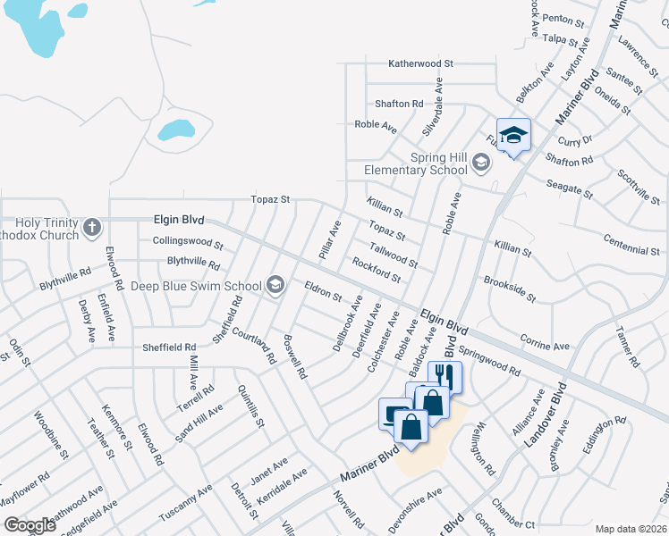 map of restaurants, bars, coffee shops, grocery stores, and more near 5331 Pierpoint Avenue in Spring Hill